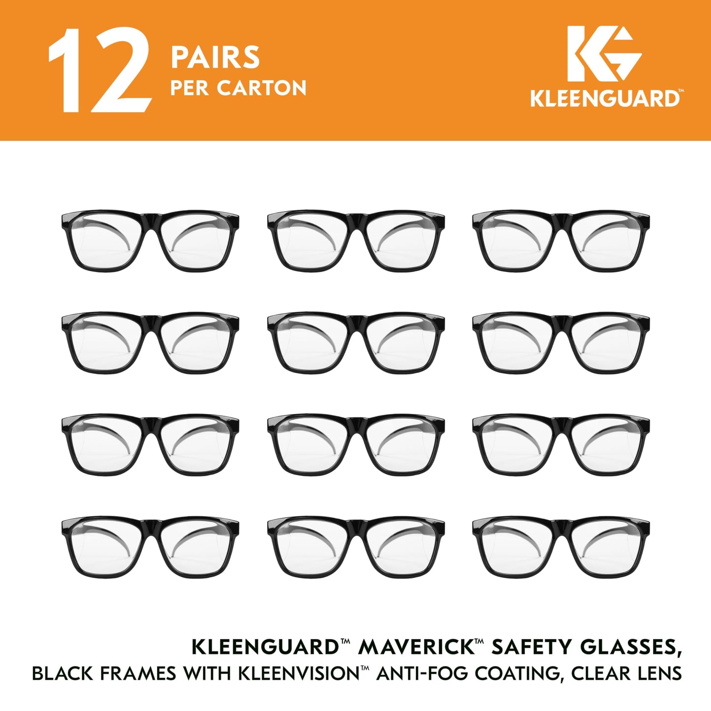 KleenGuard™ V30 Maverick™ Safety Glasses (49309), with KleenVision™ Anti-Fog Coating, Clear Lenses, Black Frame, Unisex for Men and Women (Qty 12)