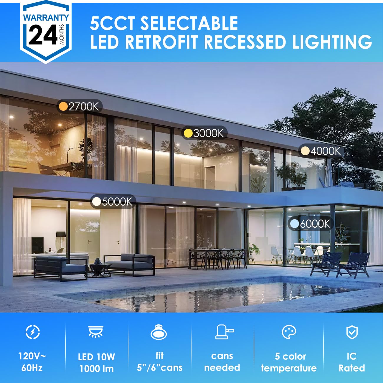 ANWIO Recessed Lighting 6 Inch, 16 Pack 5CCT Flat Retrofit LED Recessed Lights Can Needs, 2700/3000/4000/5000/6000K Selectable Can Lights 10W(120W Equivalent) CRI 80+ Dimmable E26 Base IC Rated & ETL