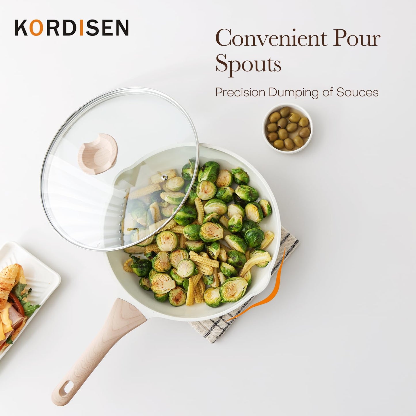 Kordisen Ceramic Nonstick Frying Pan Skillet Set with Lid, 3 Piece Ceramic Pans for Cooking Non Toxic, Healthy Induction Cookware, Stay-Cool Handle, PFOA & PFAS Free (8 Inch, 9.5 Inch, 11 Inch)