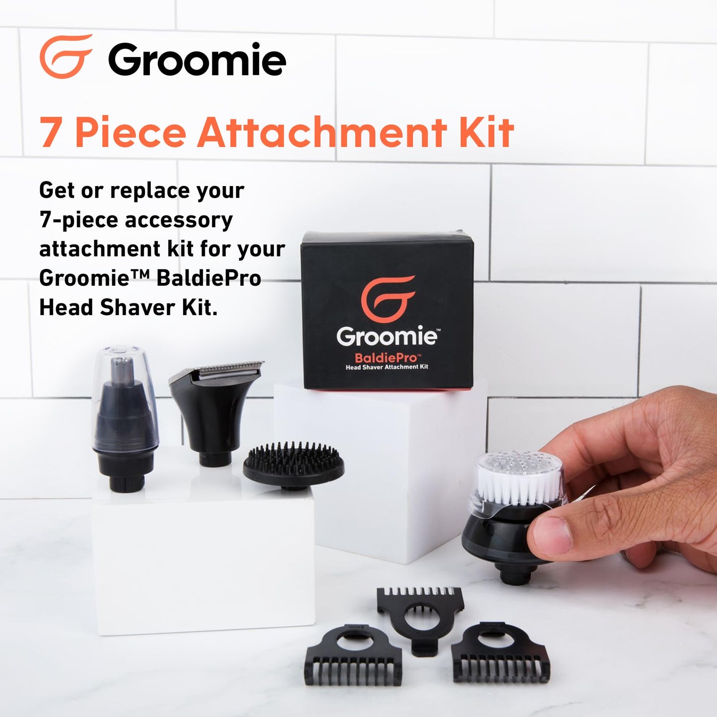 Groomie 7-Piece Men's Hair Clippers & Grooming Kit - Includes Precision Clipper, 3-5-7mm Clipper Guards, Ear & Nose Trimmers, Exfoliation Brush, and Pre-Shave Massager - Perfect for Beginners