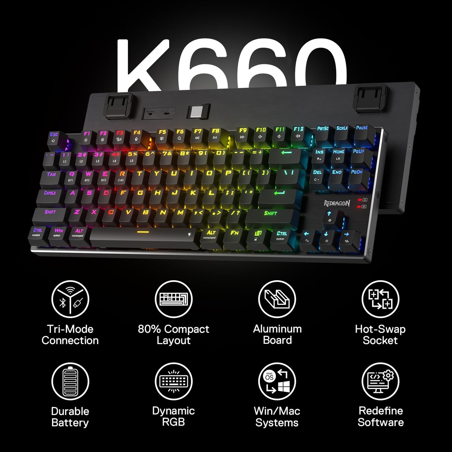 Redragon K660RGB-PRO (K556 TKL) Wireless Gaming Keyboard, 80% 87 Keys BT/2.4Ghz Tri-Mode Aluminum Mechanical Keyboard w/Mac Function Keys, Hot-Swap Sockets & Noise Absorbing Form, Red Switch