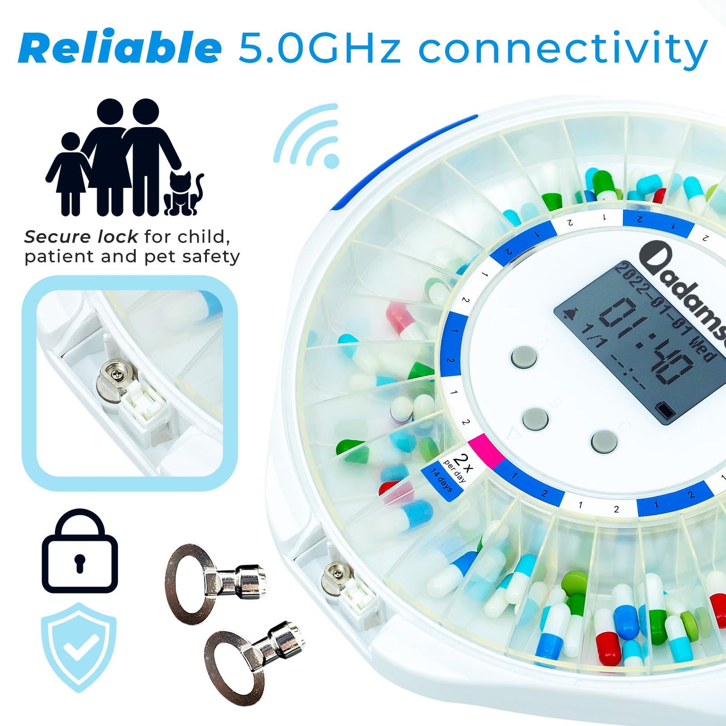 Adamson TimelyMed Smart Pill Dispenser with Alarm - WiFi App Monitoring - 28-Day Medicine Dispenser for Elderly & Alzheimer's Care - Automatic with Lock Key - New Version