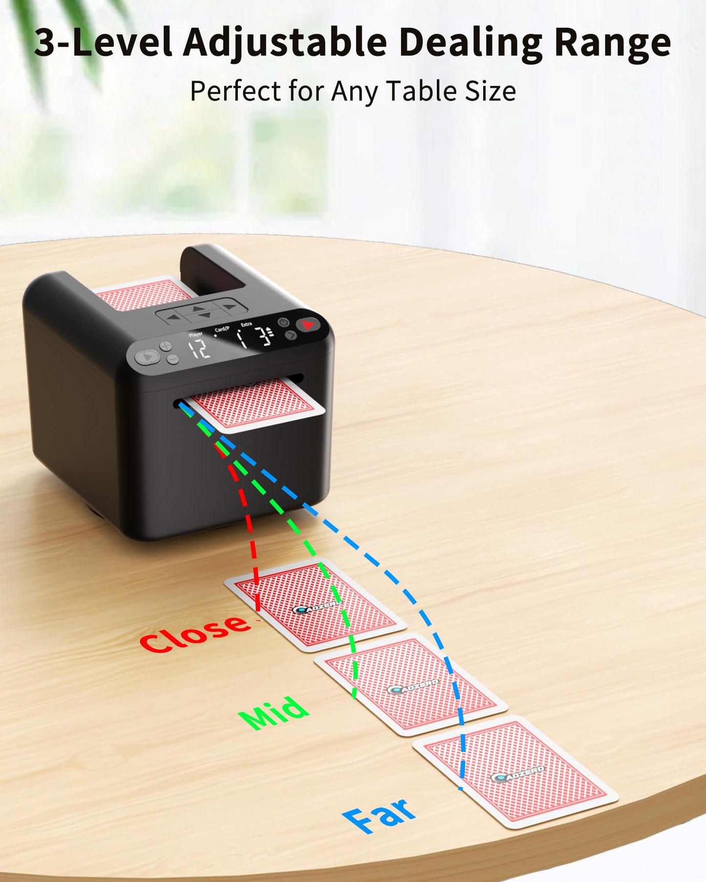 ADZERD Automatic Card Dealer Machine - Rechargeable for 1/2/3 Decks, 1-12 Players, Adjustable Dealing Distance, Quiet, 360° & 180° Rotation, Compatible with Poker, UNO, Bridge, Blackjack & More