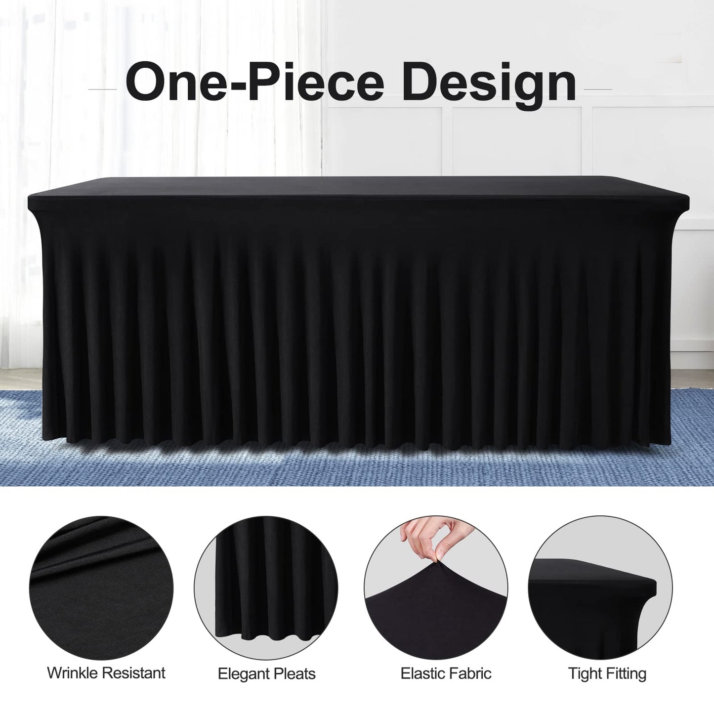 BDDC Table Skirts for Rectangle Tables 6ft - 2 Pack One-Piece Black Tablecloths and Skirt, Wrinkle Resistant Ruffles Elastic Cover for Banquets, Weddings, Events, Parties