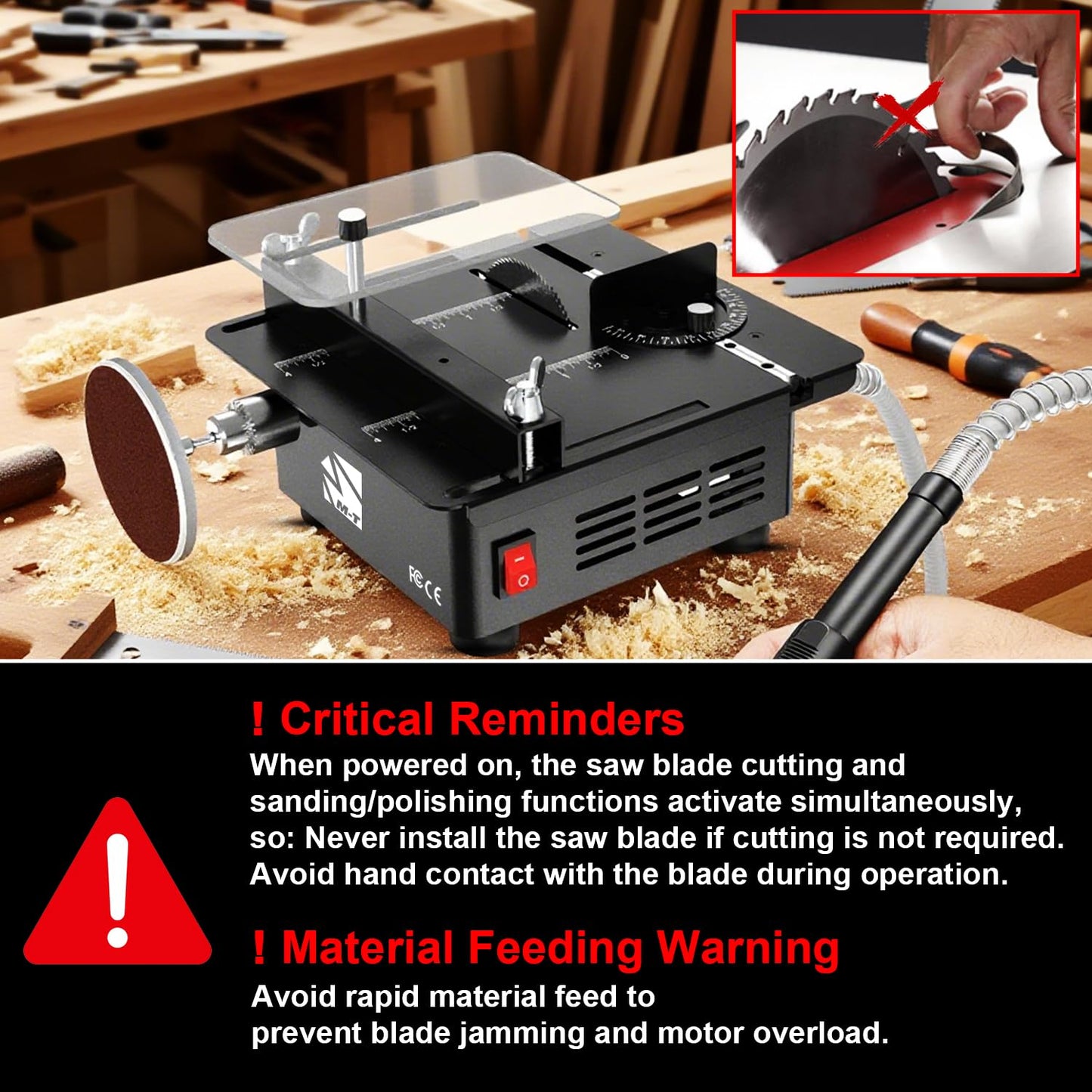 Mini Table Saw, M-T Multi-Functional Desktop Portable Table Saw for Crafts with Adjustable Speed & Angle, All-in-One Cutting, Sanding, Engraving & Drilling Tool for Wood, Acrylic, Plastic, PCB
