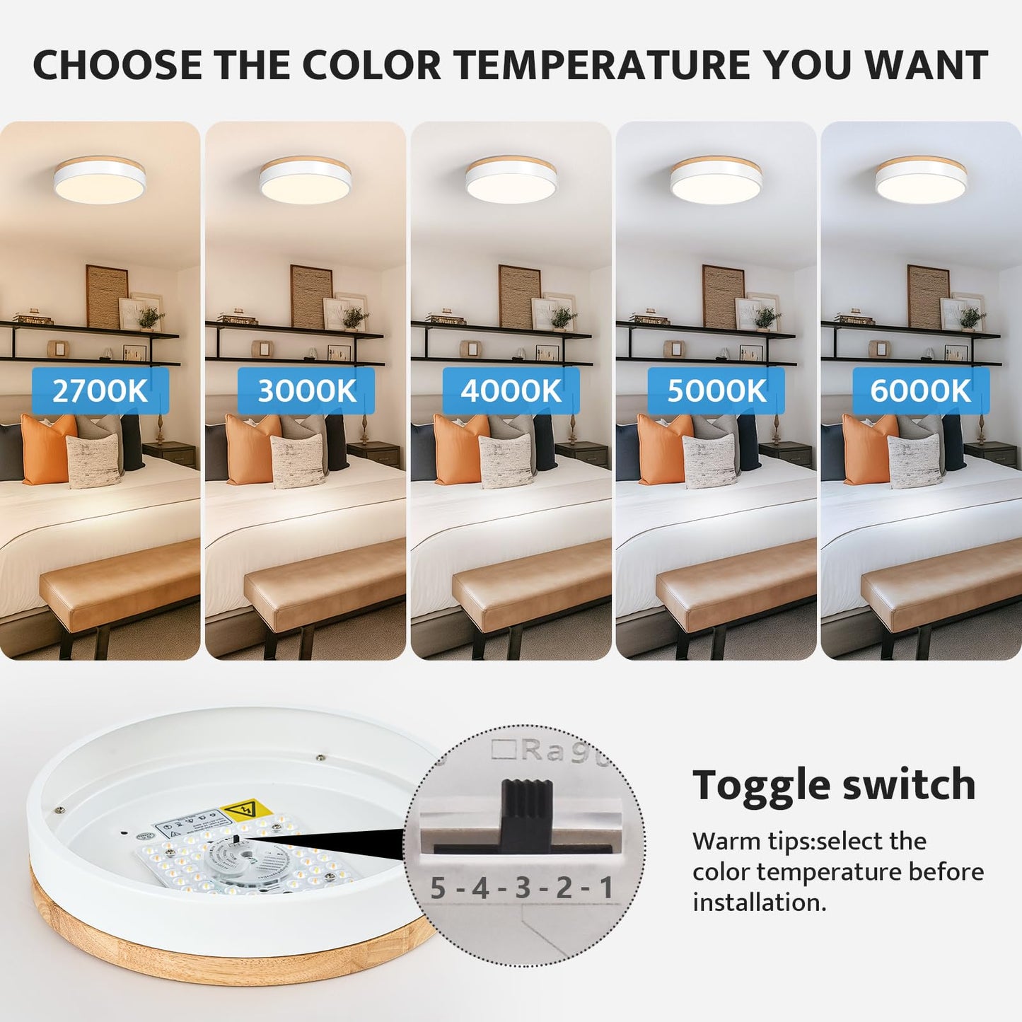 WOKNOS Dimmable Wood Oak Ceiling Light Fixture Modern White LED Flush Mount Ceiling Light 5CCT Minimalist Circle Close to Lighting Fixture for Bedroom Kitchen Bathroom Laundry Room 11.81 Inch