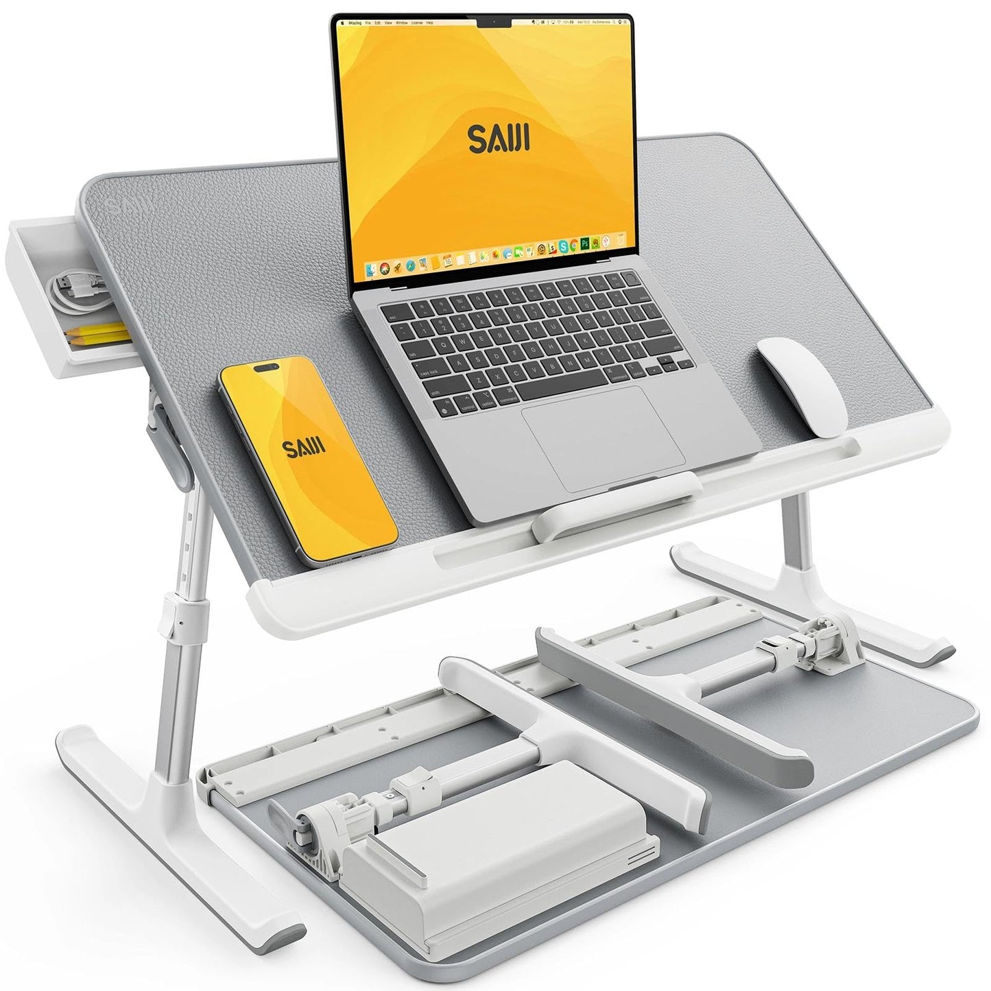 SAIJI Laptop Bed Tray Table, Adjustable PVC Leather Laptop Bed Table, Portable Standing Desk with Storage Drawer, Foldable Lap Tablet Table for Sofa Couch Floor (Gray)