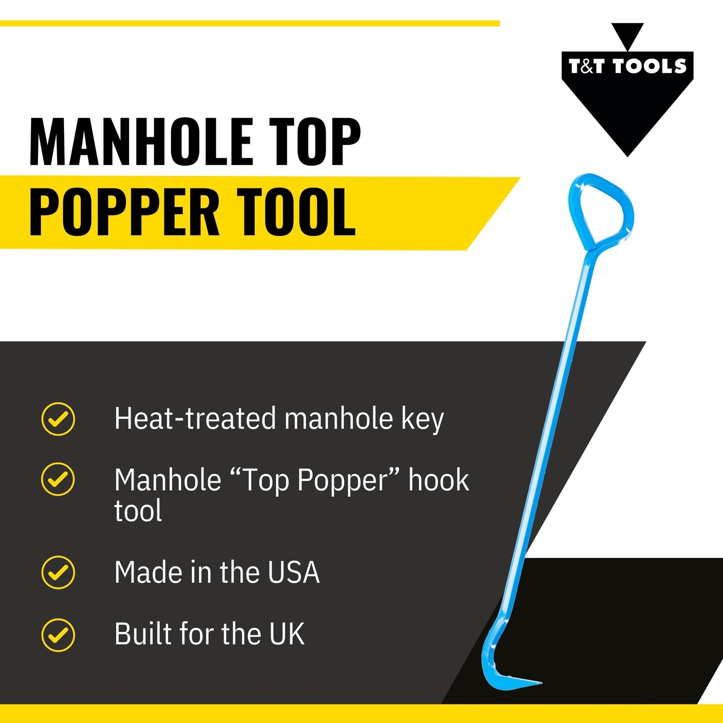 T&T Tools Top Popper Manhole Hook – Heat Treated Manhole Hook (Rotated Handle, Alloy Steel, 36-Inch)