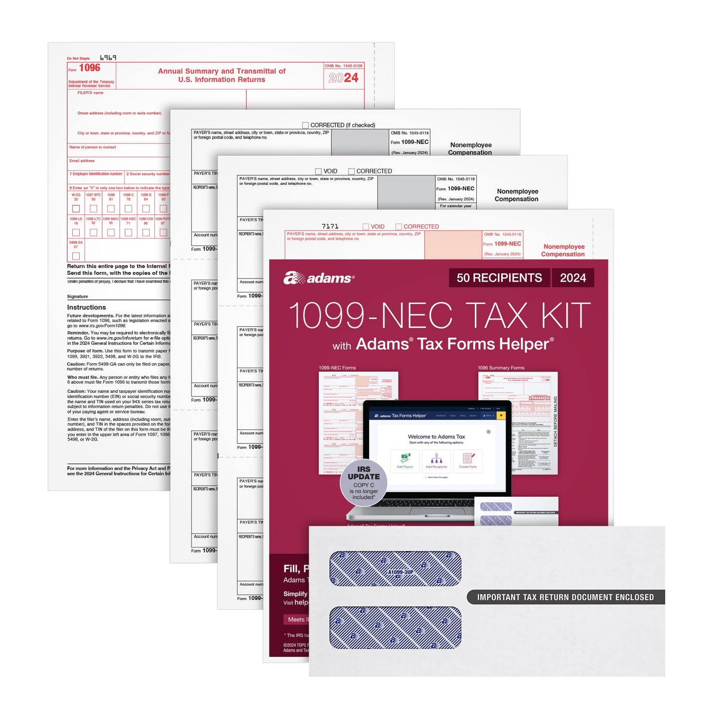 Adams 2024 1099 NEC Tax Forms Kit for 50 Recipients, 3-Part 1099 Forms, 6 1096 Forms, Self Seal Envelopes, Access to Adams Tax Forms Helper (1009315)