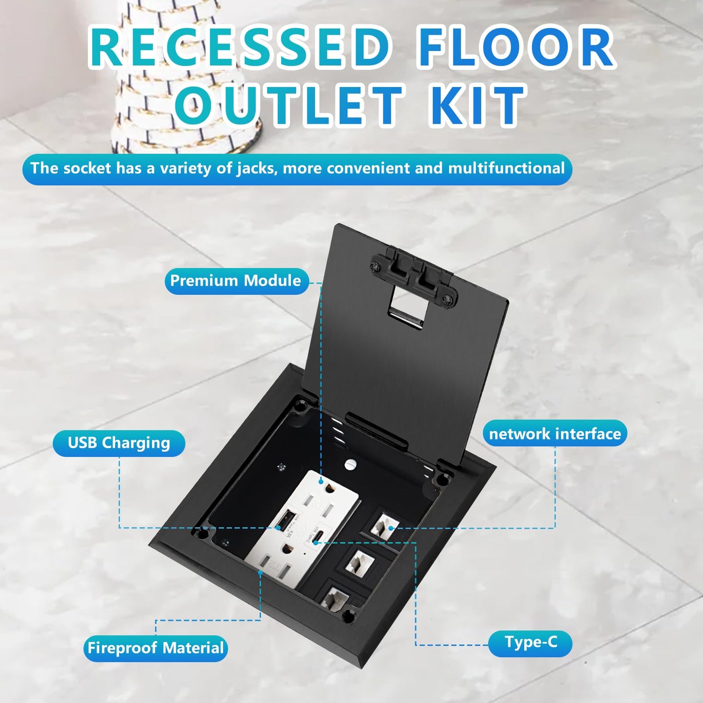 KYHSHJ Recessed Flat Hidden Socket Kit with 2 * 15A Receptacle,4.8A 1 USB-A Ports &1 USB-C Port+3-Port RJ45 Datacom Receptacle. Internal Height Adjustable,Corrosive Resistant Hardware,Black