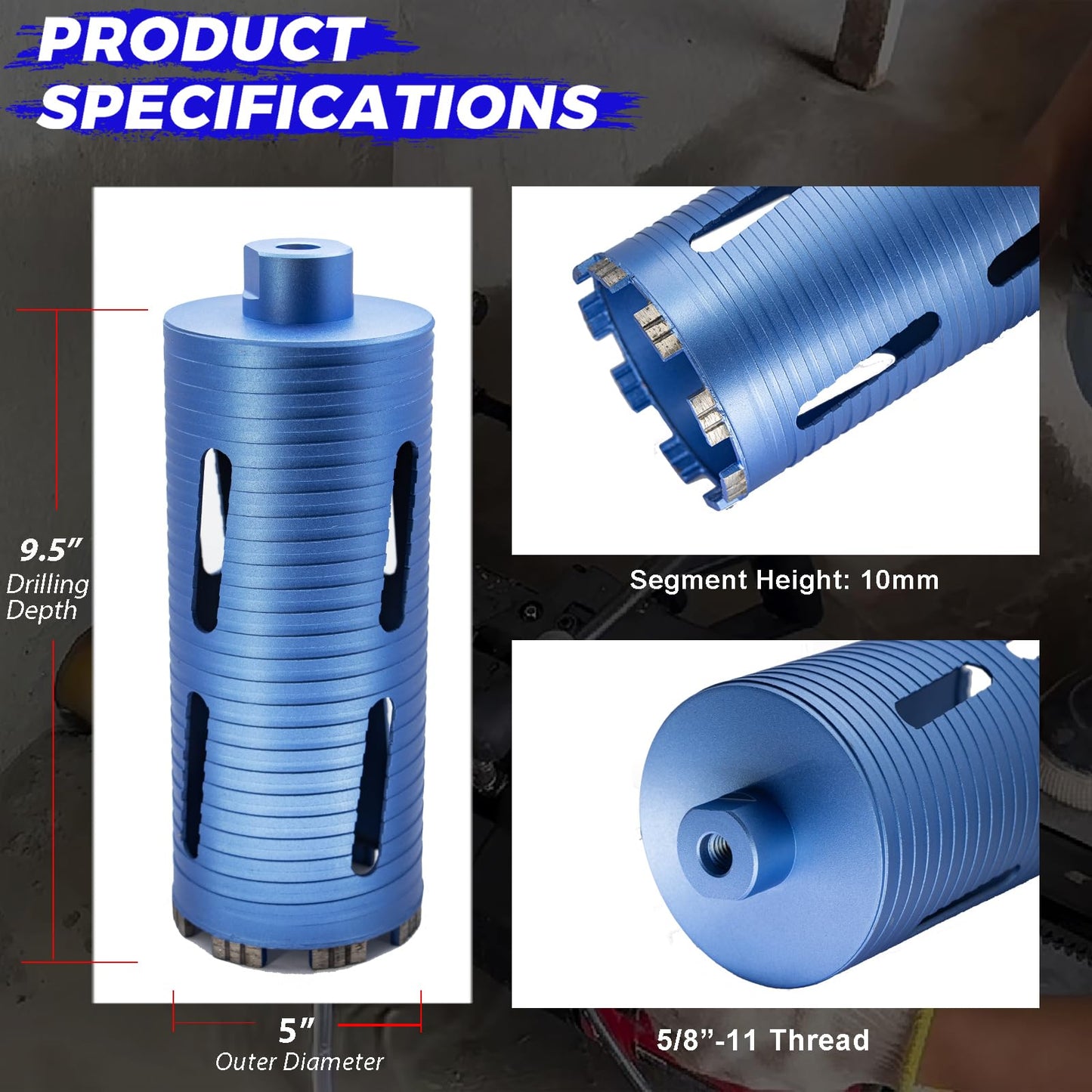 DaduoRi 5" Dry Core Drill Bit, 5/8"-11 Thread, with 3 Adapters Included: SDS Plus, SDS Max and 1/2" Hex Abor, 9.5" Drilling Depth Diamond Concrete Core Bits for Brick, Block, Stucco, Masonry