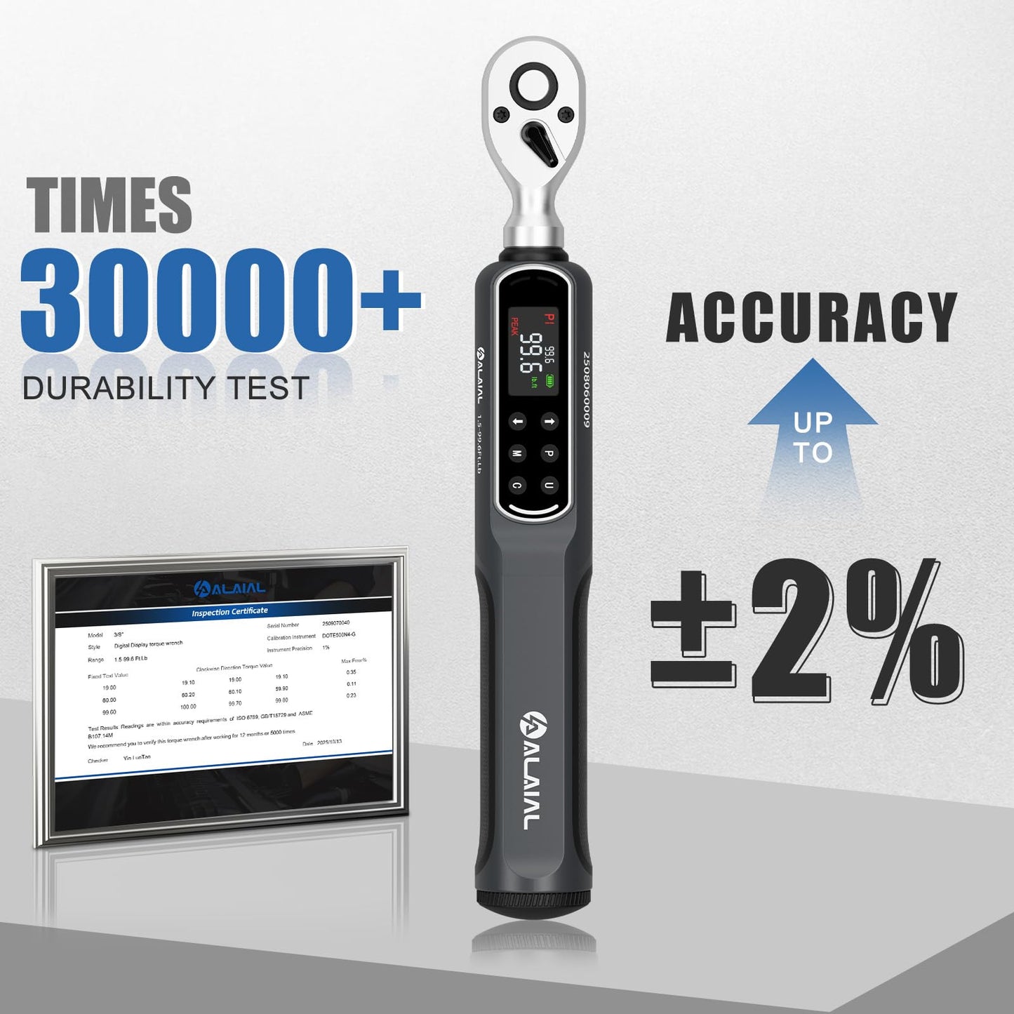 ALAIAL Digital Torque Wrench 3/8 Drive, 1.5-99.6Ft.Lb/2-135Nm Dual Direction Rachet Wrench with Vibration, Buzzer, LED Alert, Electronic Torque Wrench for Bicycle, Motorcycle, Car Tire, Mechanical