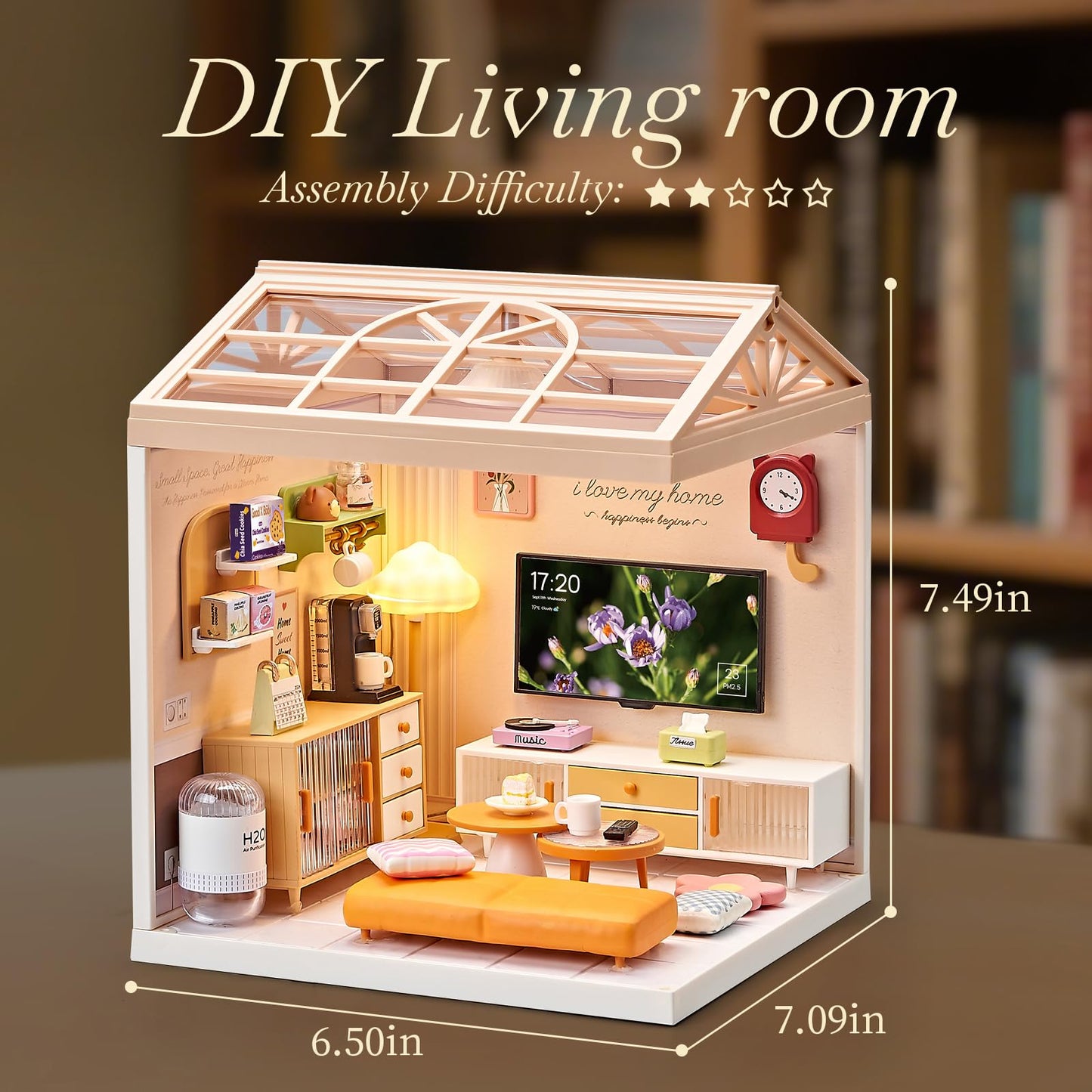 Qudify Miniature Living Room DIY Play Kit – 92Pcs 1:20 Scale Dollhouse Furniture Toy with LED Light, Modular Scene Connector & Realistic Details Tiny House for Kids 8+ and Collectors