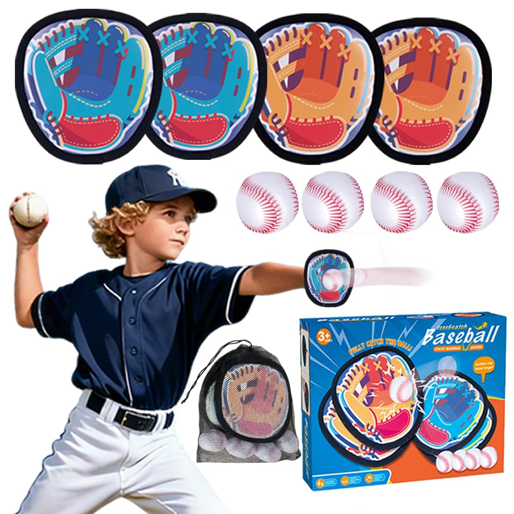 Toss and Catch Ball Game, Kids Toddler Baseball Catch Toy, Outdoor Game for Beach Pool Yard, Birthday Gifts for Boys Girls Age 3-12, 4 Paddles Sticky Ball and Catch Game