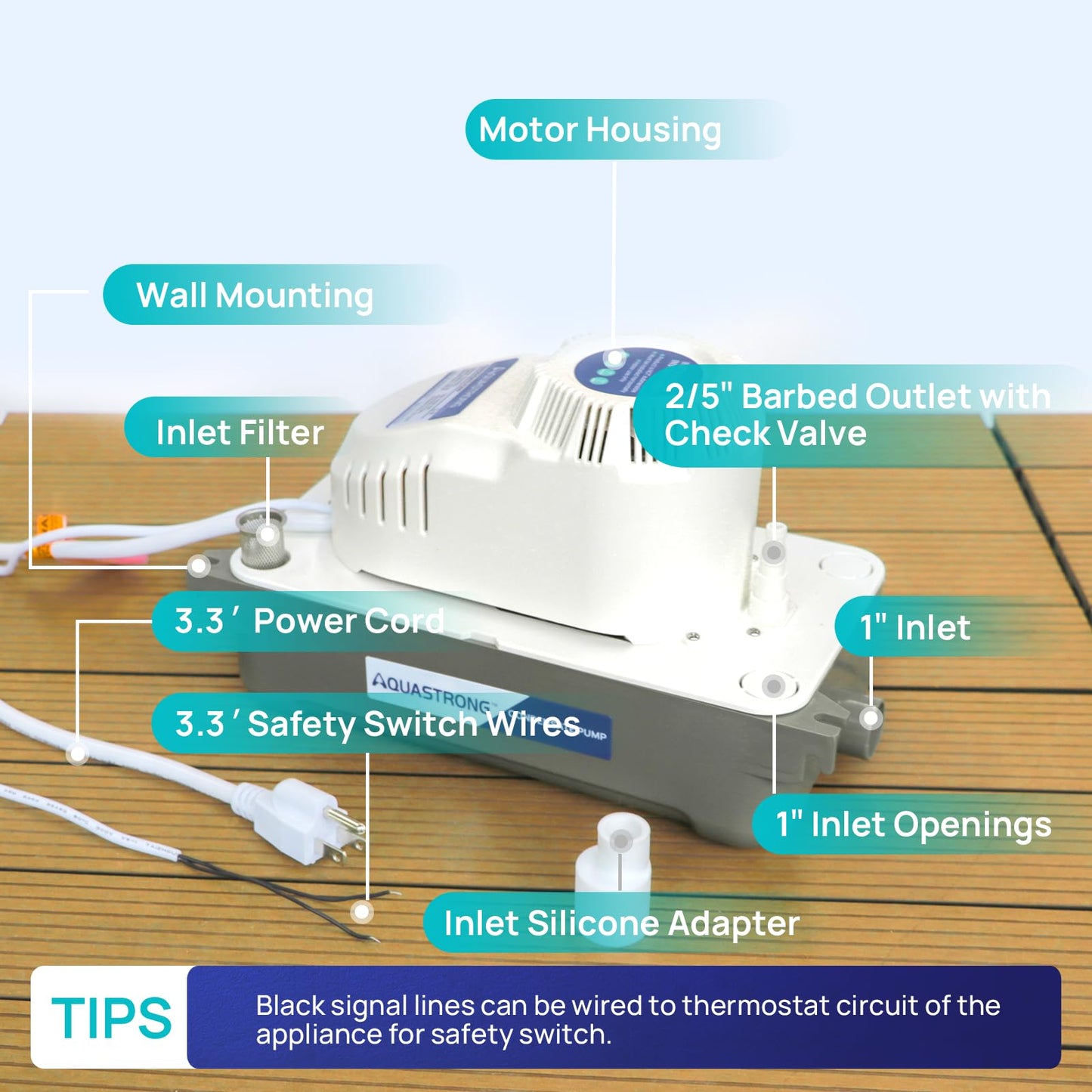 Aquastrong 115V 70 GPH HVAC Condensate Pump, AC Condensate Remove Pump with Automatic Safety Switch & & 19.7ft Tubing for Air Conditioner, Furnace, Dehumidifier,Ice Maker,3.3' Power Cord