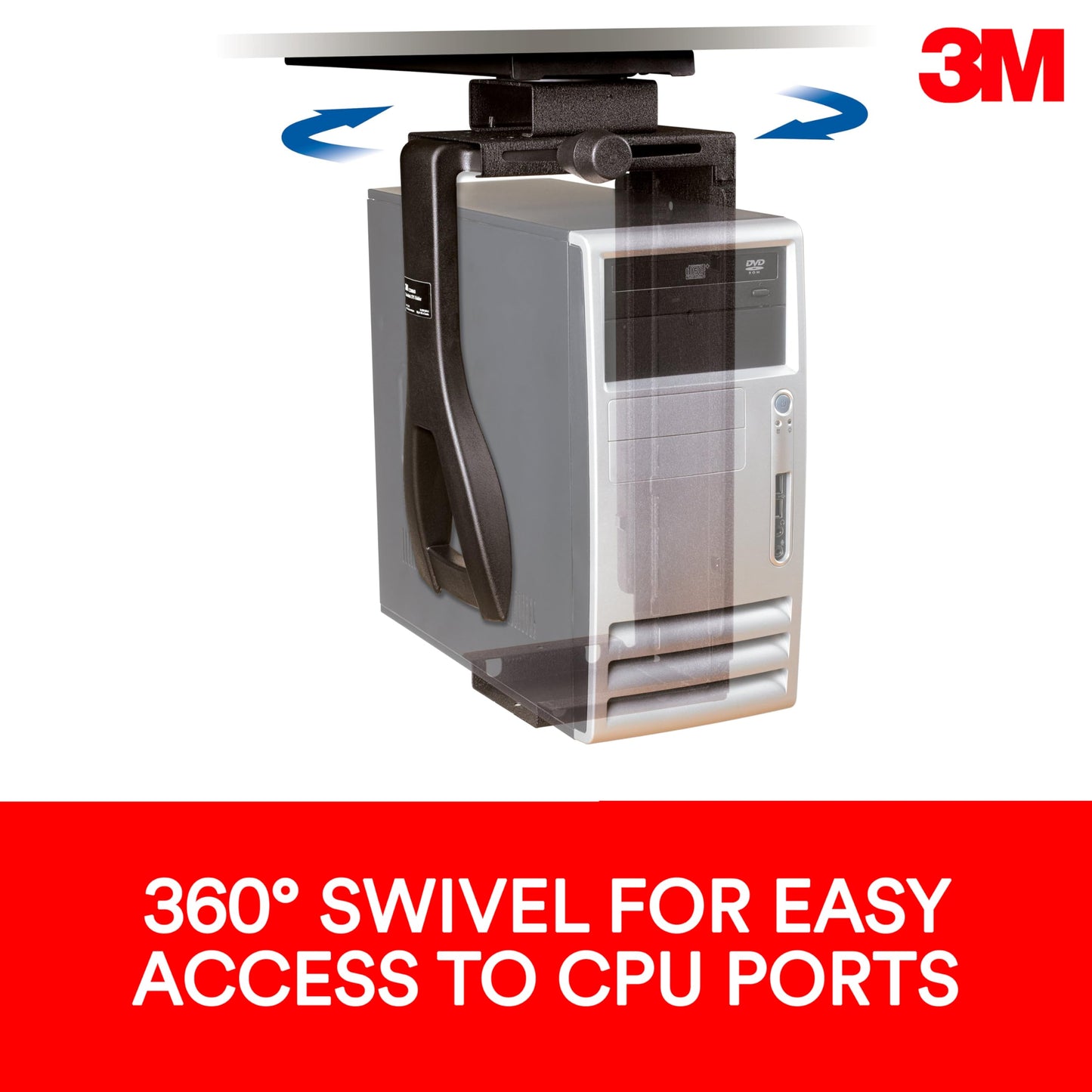 3M Under-Desk Computer Tower CPU Holder, Width Adjust from 3.5" to 9.3", Height Adjust from 12.5" to 22.5" to Fit Most CPU's up to 50 lbs, 360⁰ Swivel, Steel Construction, 17" Track, Black, (CS200MB)