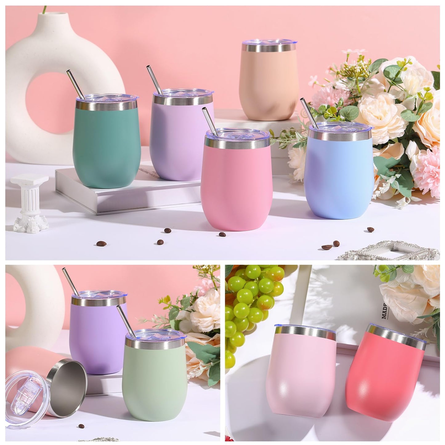 40 Pack Insulated Wine Tumbler 12oz Stainless Wine Coffee Cup with Lid Straw Double Wall Vacuum for Employee Wedding School Homeless Housekeeping Week Christmas Operation Gift(Morandi Color)