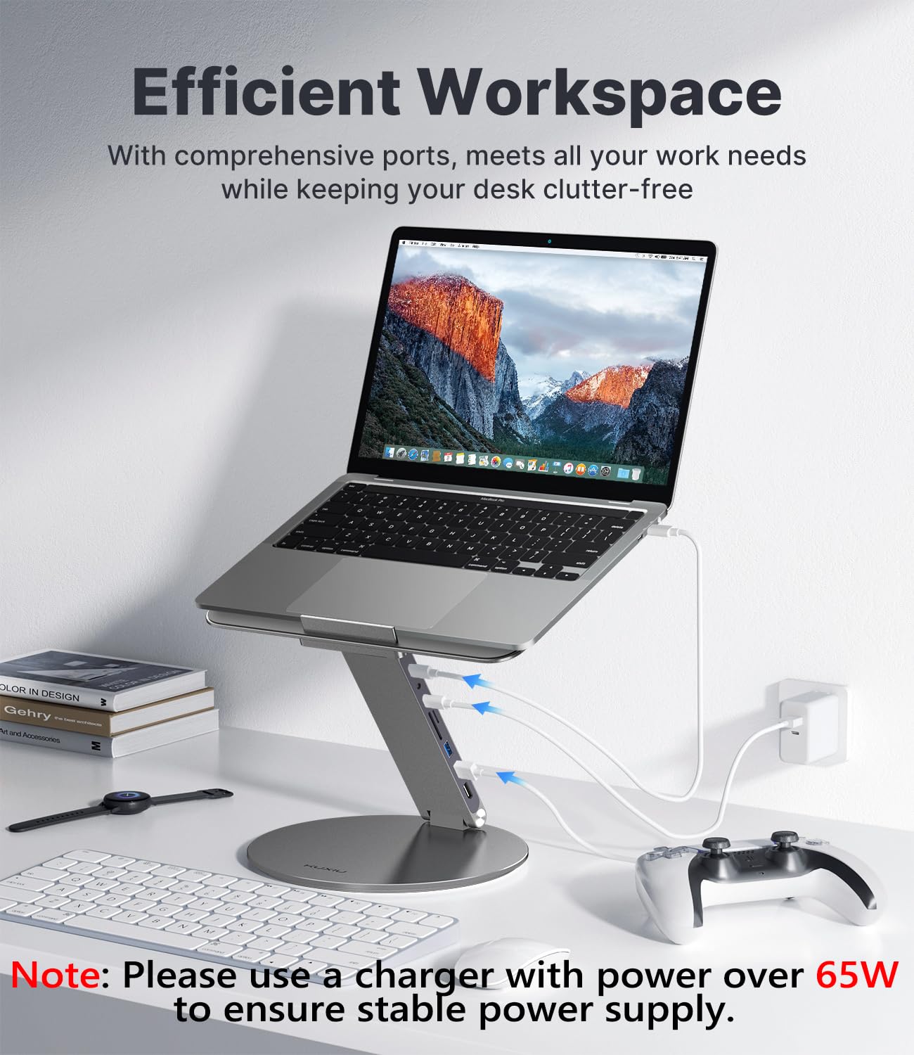 KU XIU Adjustable Laptop Stand with 8 in 1 USB C Hub, Foldable Portable Computer Notebook Stand with 360° Rotating Base, Riser Holder Mount for All 10-17" Laptops (Gray)