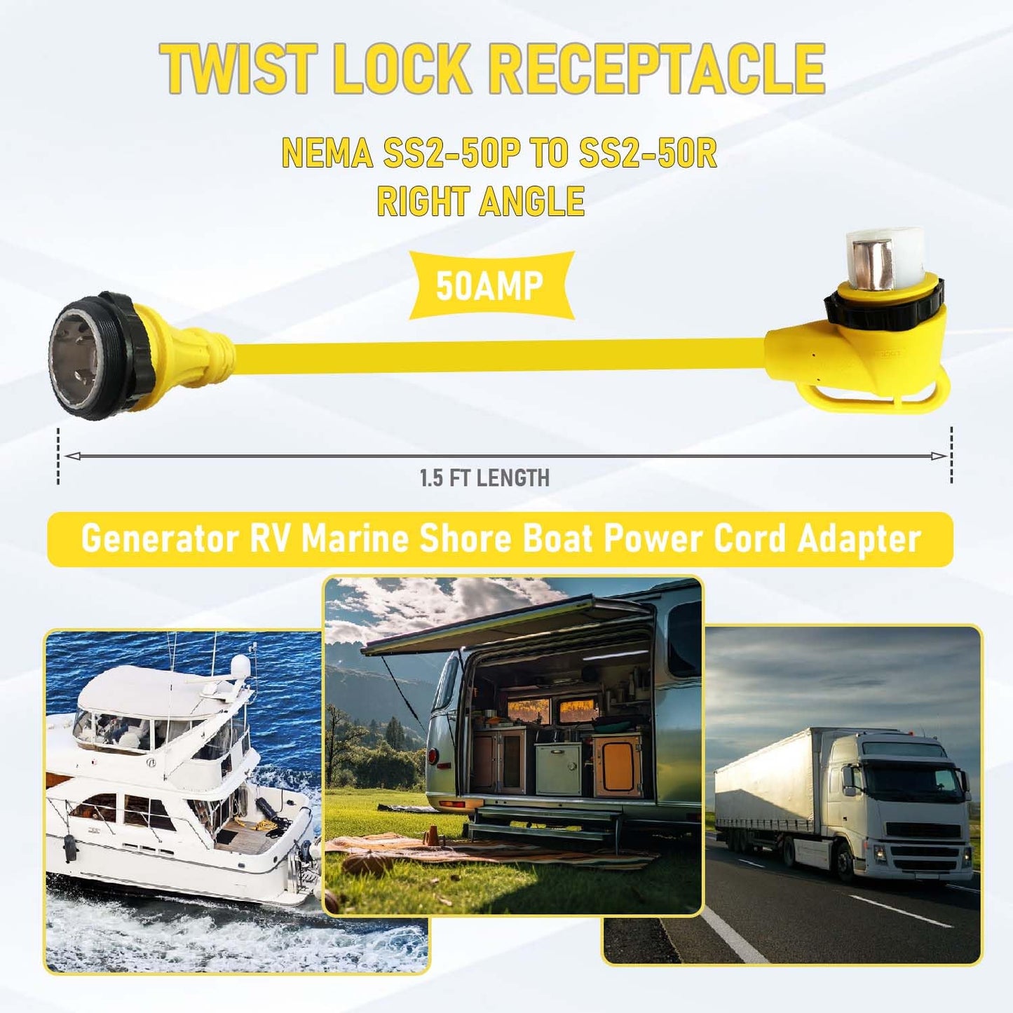 90 Degree 50 Amp RV Twist Lock Plug, NEMA SS2-50P to SS2-50R RV Adapter, 1.5ft Heavy Duty Extension Cord Adapter with 50Amp Power Locking Male and 50 Amp 90 Degree Locking Female Ends, Yellow