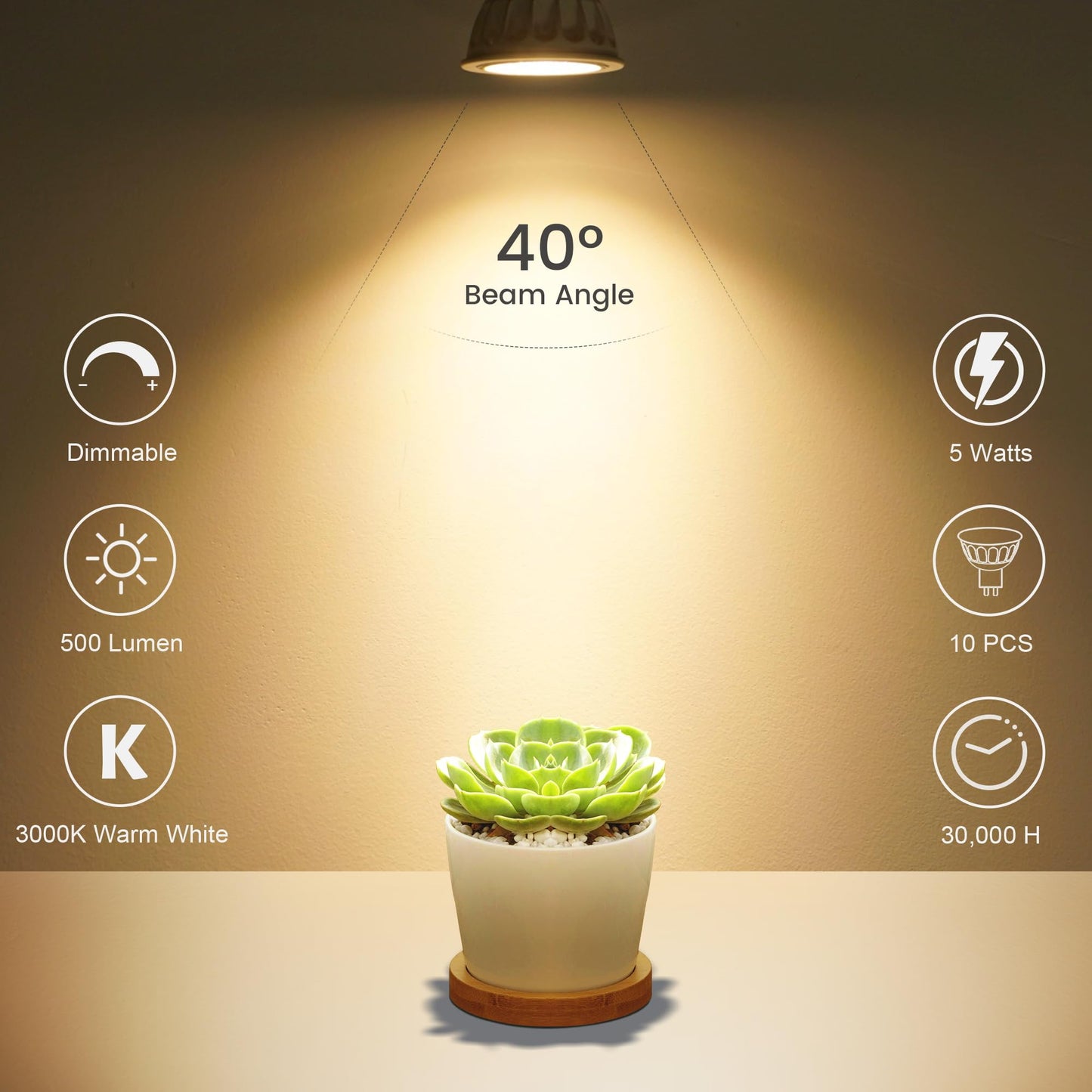 Aovpex 10 Pack Dimmable MR16 LED Bulbs, 12V 5W(50-Watt Equivalent), 3000K Warm White, GU5.3 Bi-Pin Base, 40-Degree, Indoor/Outdoor Landscape Spotlight Track Recessed Lighting