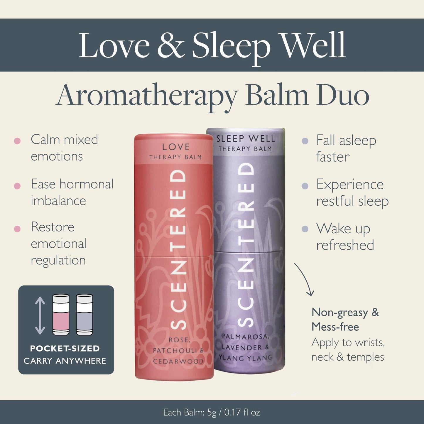 Scentered Aromatherapy Balm Stick Duo for Sleep & Emotional Balance - Roll On Essential Oil Blends of Rose, Lavender, Ylang Ylang - Aromatherapy Gifts for Women - Sleep Well & Love