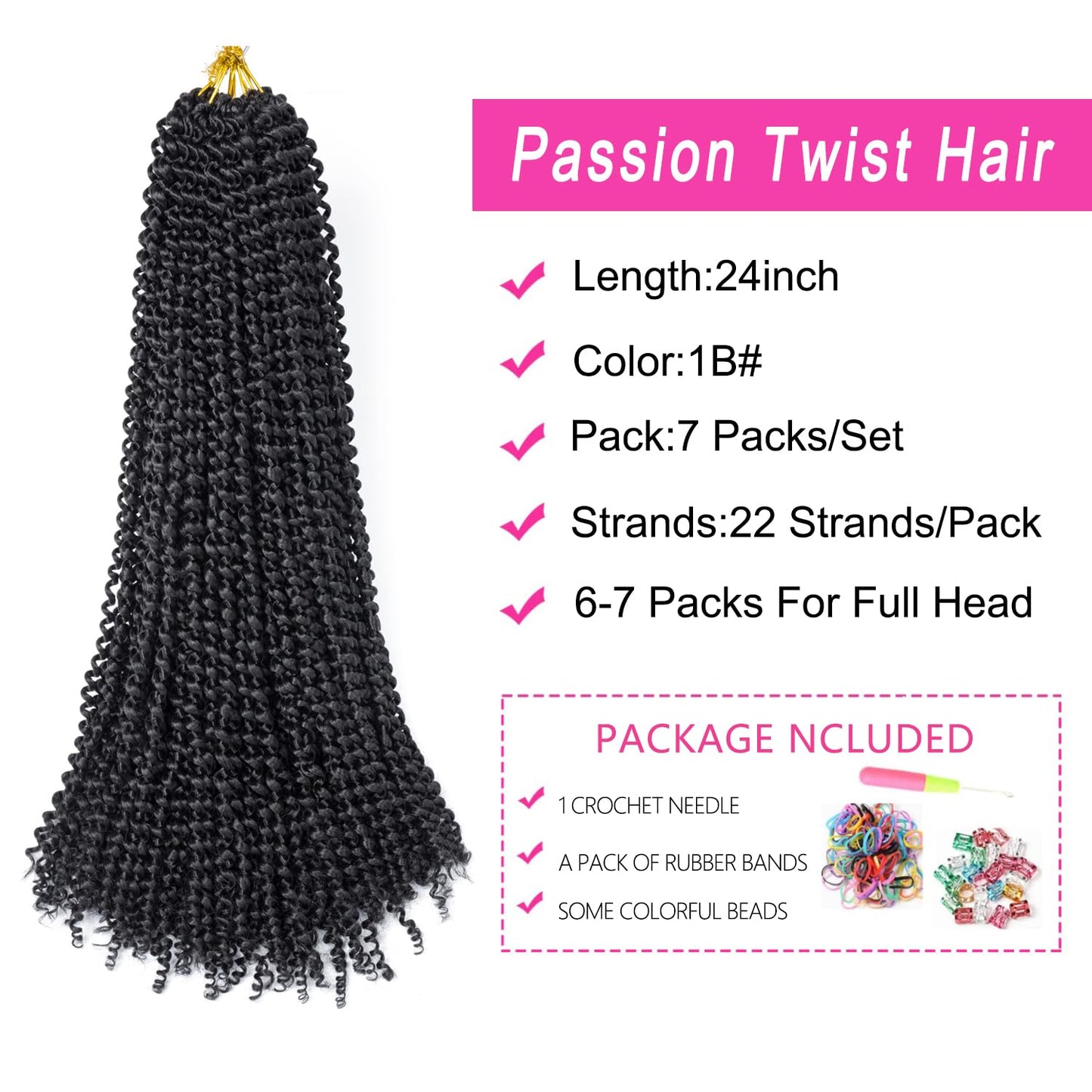 Ubeleco Passion Twist Hair 24 Inch 154 Strands Water Wave Crochet Hair for Black Women 7 Packs Long Bohemian Curly Braiding Hair Spring Twist Crochet Braids Hair Extensions (24inch,1B)