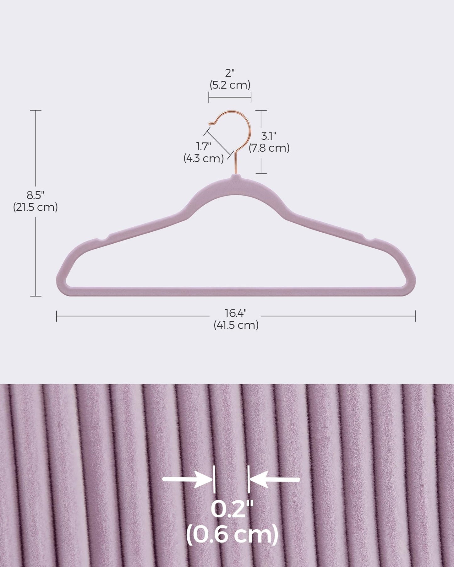 SONGMICS Slim Velvet Hangers, Non-Slip Clothes Hangers with Rose Gold Swivel Hooks, Space-Saving, for Closet, 50 Pack, Light Purple UCRF026P50