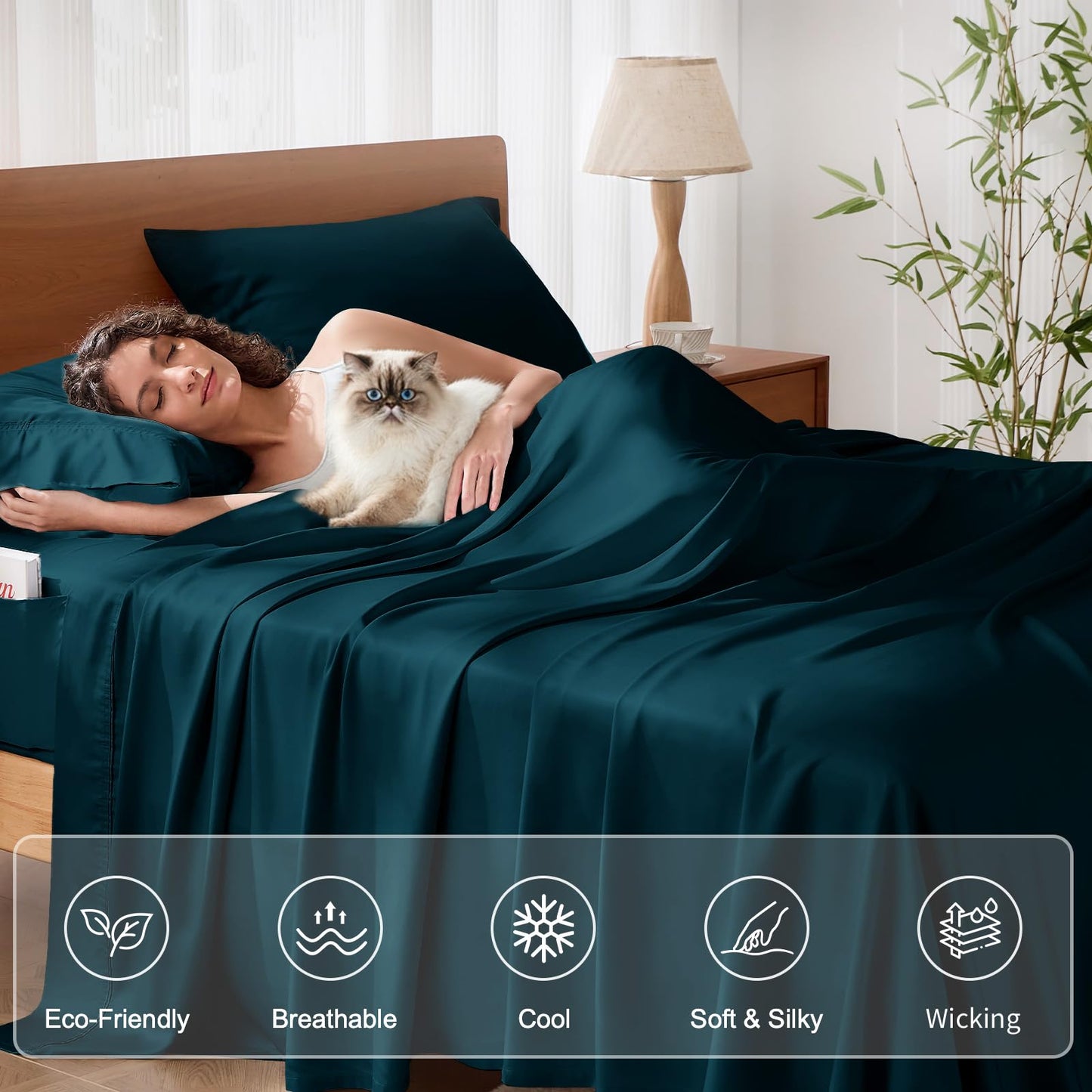 KRIMANO Full Size Sheet Set, Viscose Bamboo Sheets for Bed Set 4pcs, 100% Viscose Derived from Bamboo, Hotel Luxury Silky & Cooling for Hot Sleepers, Deep Pocket Up to 17", Navy Blue