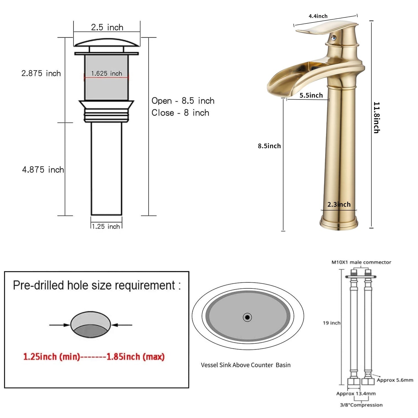 Brushed Gold Bathroom Faucet GGStudy Single Handle 1 Hole Farmhouse Waterfall Bathroom Vessel Sink Faucet Matching with Pop Up Drain