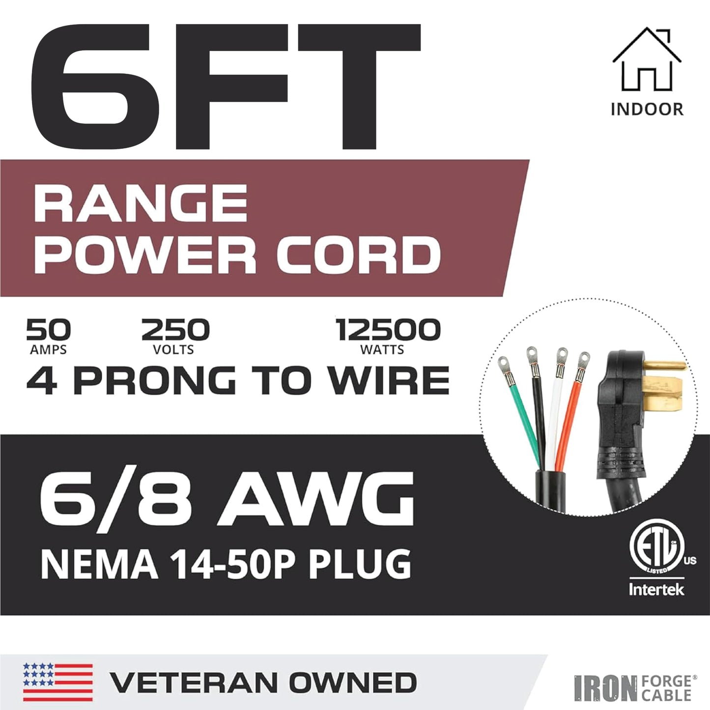 Iron Forge Cable 4 Prong Black Range Power Cord 6 ft - 50 Amp RV Extension Cord - Heavy Duty 6/8 AWG - NEMA 14-50P Flat Plug 4 Wire Dryer & EV Cord