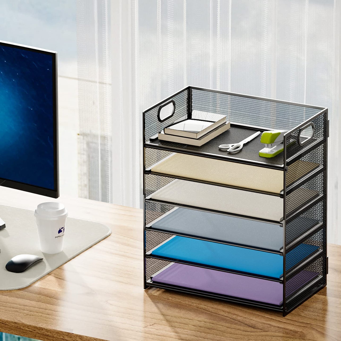 Marbrasse 2 Pack Desk Organizer with Handle, 6 Tier Paper Letter Tray, Mesh Desk File Organizer for Office, School and Home
