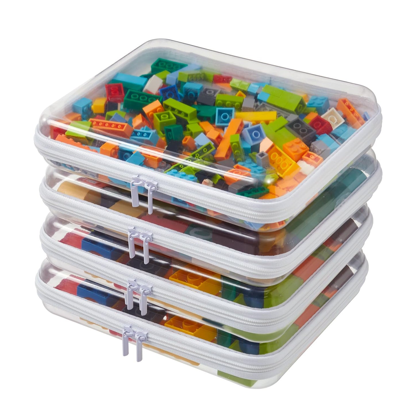 4PCS Large Clear Hard Shell Zipper Case, Makeup Organizer & Toy Storage Bag for Lego Bricks, Diaper Pouches, Cosmetic Bags, Transparent Pencil box, Puzzle Board Game, Portable Travel Toiletries