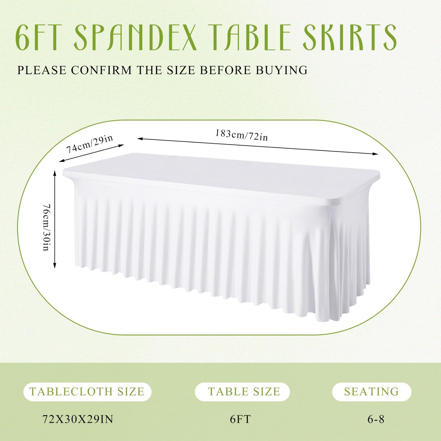 Newwiee 3 Pcs Spandex Table Skirt for 6ft Rectangle Tables 6 Foot Folding Tables Tablecloth Wrinkle Resistant Ruffles Elastic Table Cover and Table Skirt for Banquets, Weddings, Parties (White)