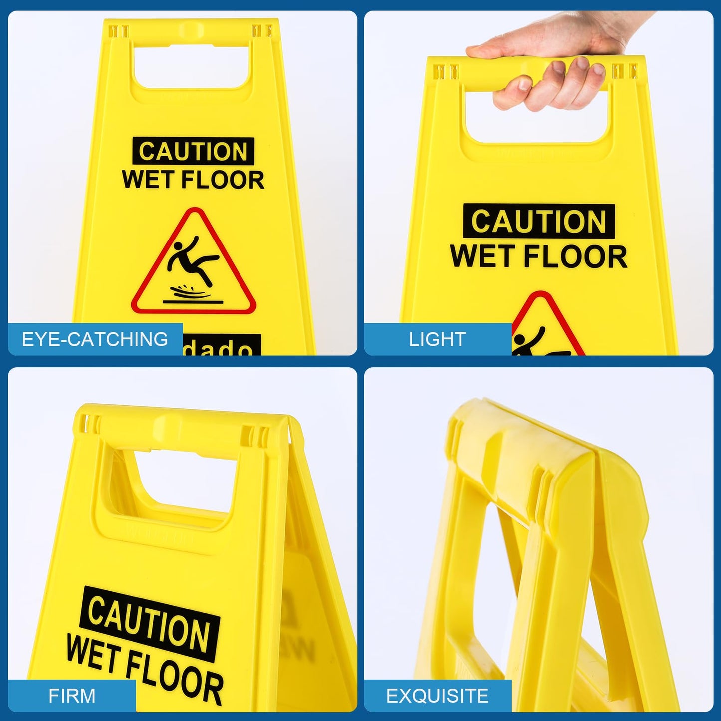 8-Pack Caution Wet Floor Sign,17.5" Height,Bright Yellow Double-Sided Folding A-Shaped Frame Design, Bilingual Caution Message
