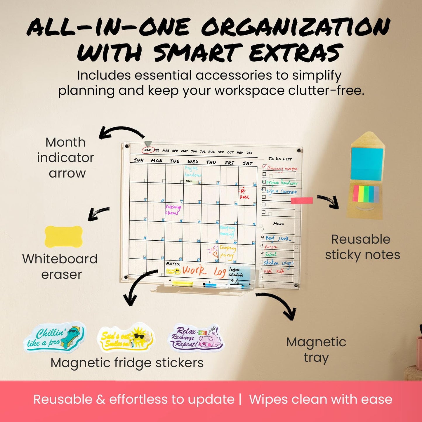 Acrylic Wall Calendar For Wall – 24” x 18” Dry Erase Calendar Board, Clear Monthly Planner for Wall with Tray, Chalk Markers, Eraser & Reusable Notes – Perfect for Home, Office, Kitchen & Classroom