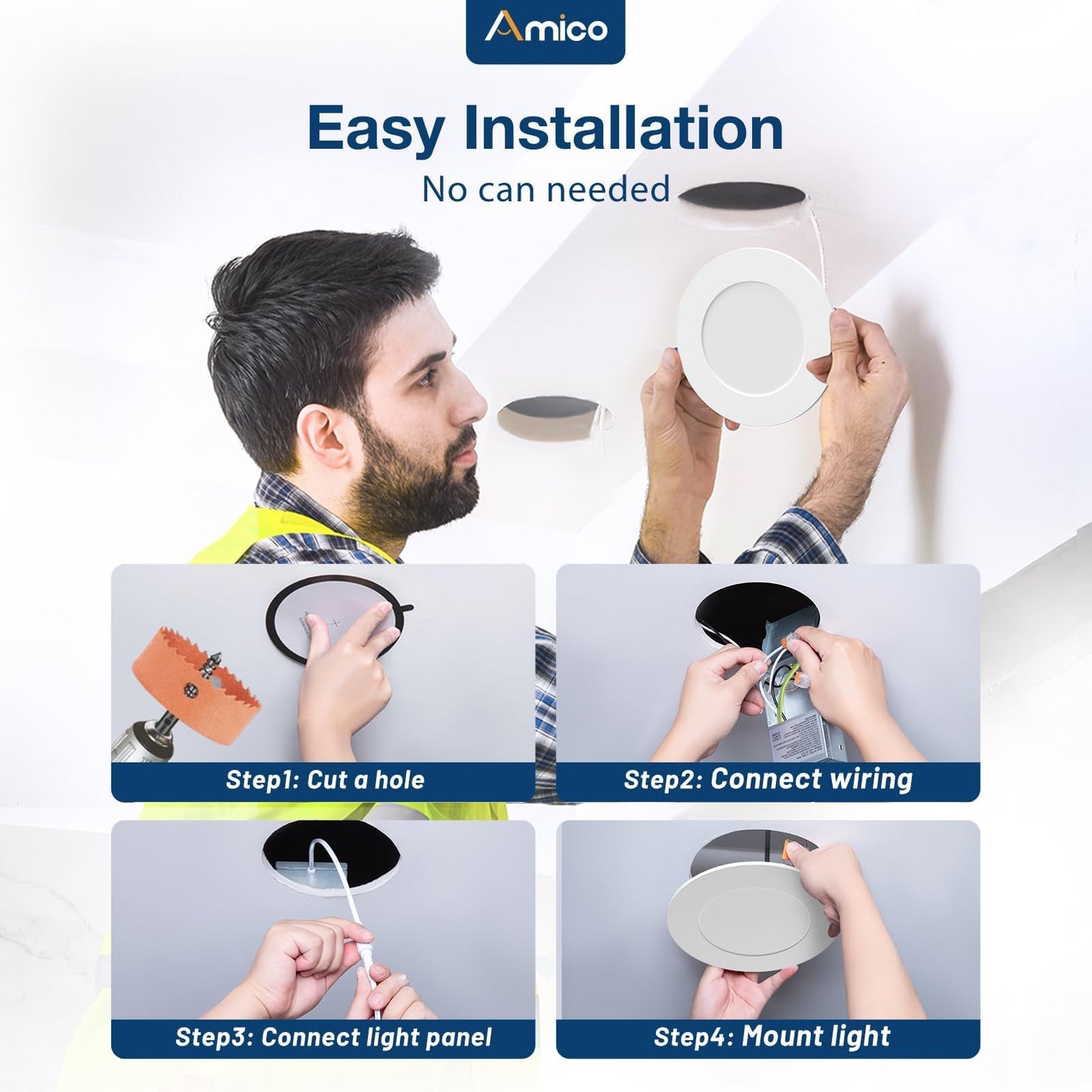 Amico 24 Pack 6 Inch 5CCT Ultra-Thin LED Recessed Light with Junction Box, 2700K/3000K/4000K/5000K/6000K Selectable, 1000LM Brightness, Dimmable Canless Wafer Downlight, 12W Eqv 110W-ETL&FCC