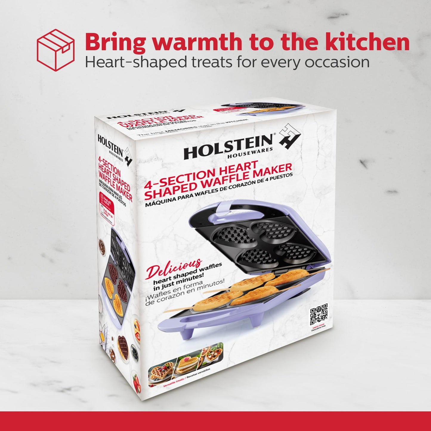 Holstein Housewares - Non-Stick Heart Waffle Maker, 120 Volts, Lavender - Makes 4 Heart-Shaped Waffles in Minutes