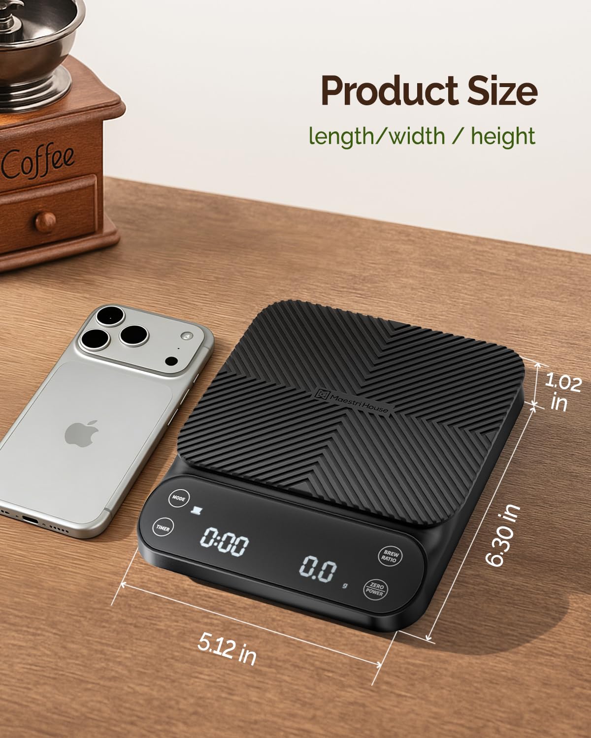 Maestri House S3 Coffee Scale with Timer, 3kg/0.1g Rechargeable Pour Over Coffee Scale, 3 Brew Modes, Adjustable Brew Ratios & Flow Rate Display, Scale for Pour Over, Espresso & French Press-Black