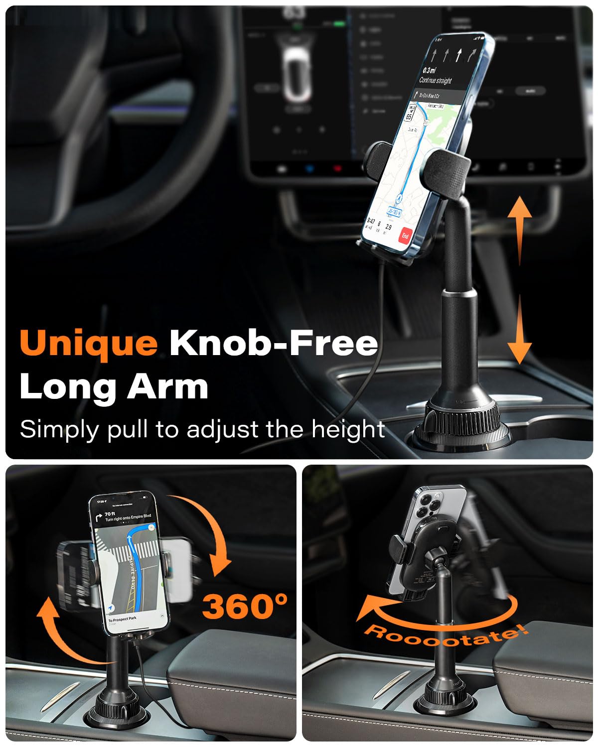 APPS2Car Solid Cup Holder Phone Mount for Car Wireless Charger 15W with Quick Extension Long Arm Fast Swivel Adjustable Height 360 Rotatable Low Profile for iPhone 15 Pro Max Plus 14 13 12 11 XS X
