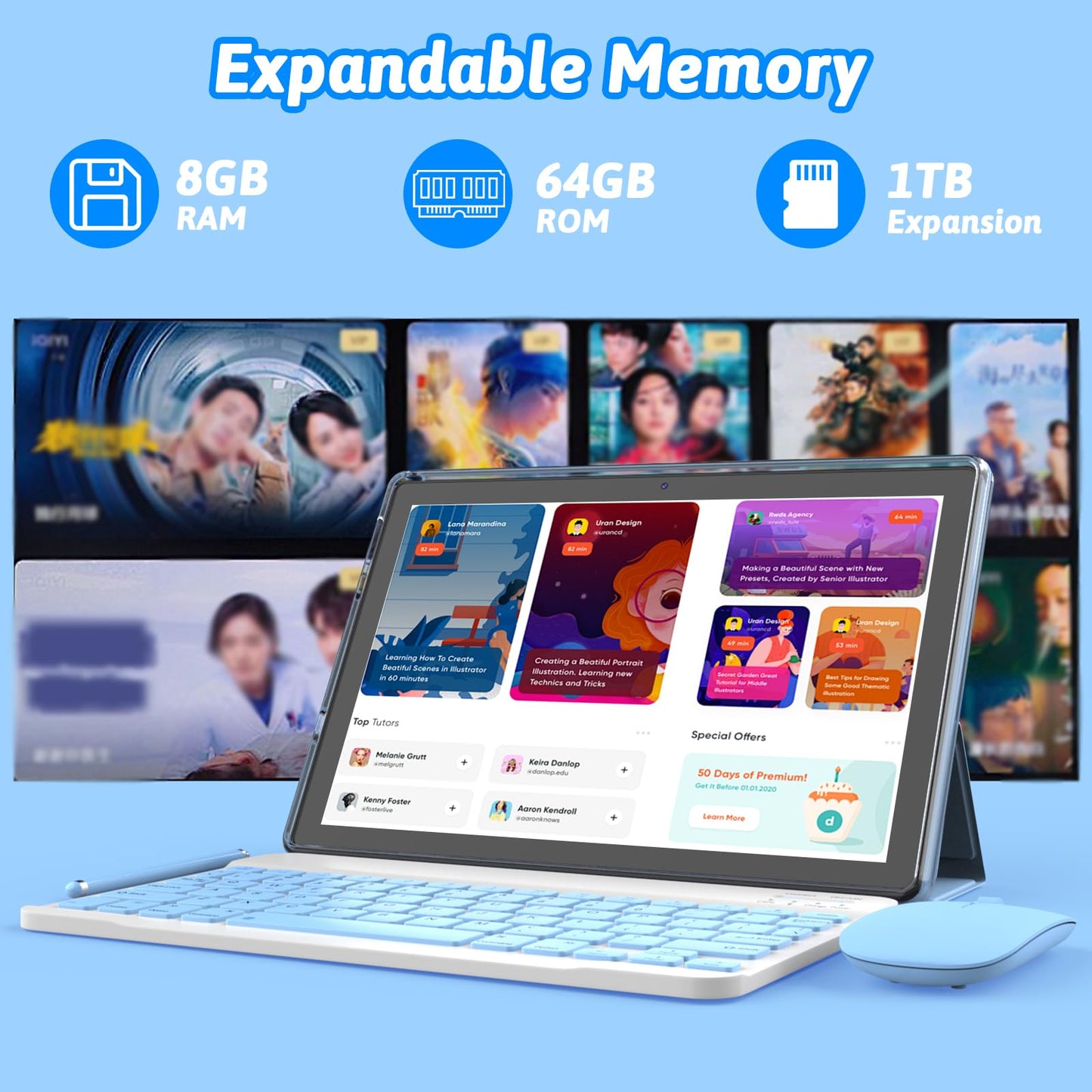 Android 14 Tablet, 10 inch 2 in 1 Tablets with Keyboard/ Case/ Mouse/ stylus, 8GB RAM+64GB ROM+1TB Expand Tablet, 1280*800 IPS Touch Screen Tablet Computer, 2.4G/5G WiFi 6 BT 5.0, Long Battery Life