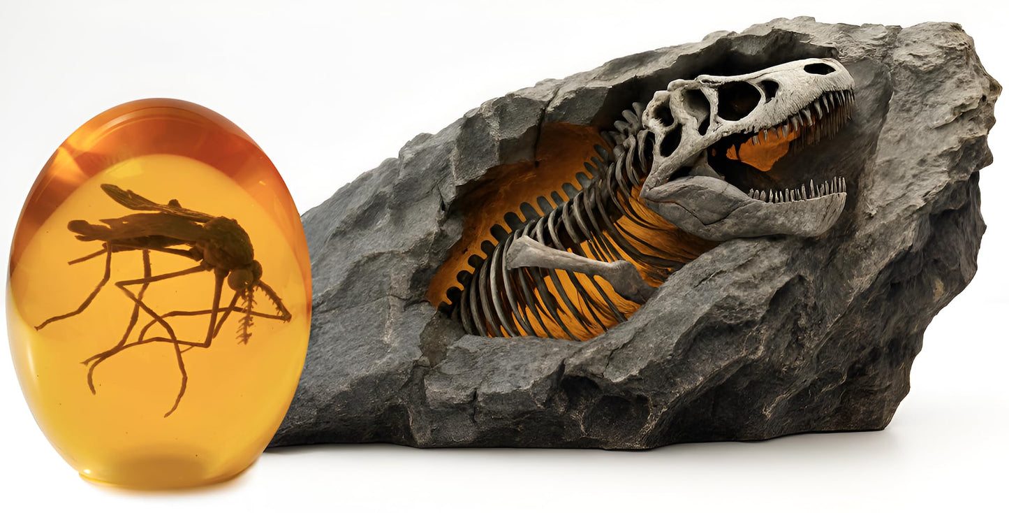 VEOJEIN 3D Mosquito in Amber & Jurassic Cave Fossil Dinosaur Skeleton Collectible Sculpture Resin Model Unique Prehistoric Era Paperweight and Decor Replica Science Gift