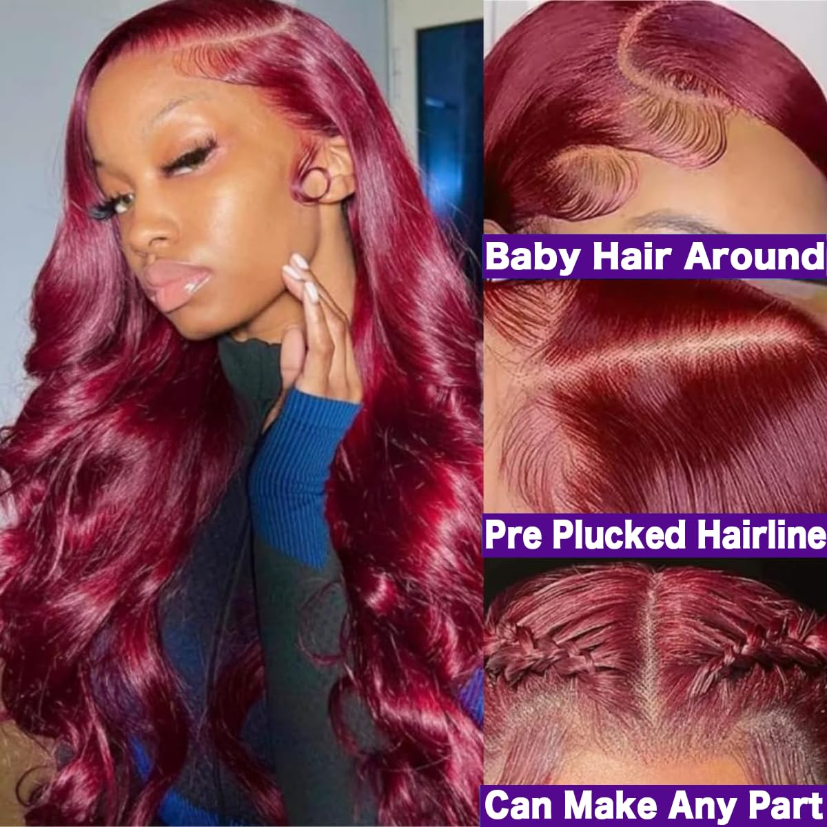 9X6 Wear and Go Glueless Wigs Human Hair Body Wave 200% Density HD Lace Front Wigs Human Hair Cherry Red Colored Brazilian Pre Plucked Pre Cut 99J Burgundy Ready to Wear Glueless Wigs (22 Inch)