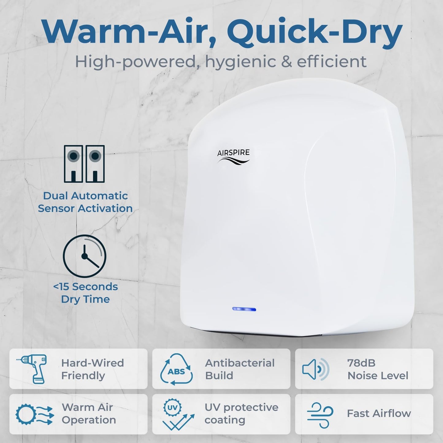 AIRSPIRE Electric Hand Dryer for Commercial Bathrooms & Home Use (110-120V) - Energy Efficient 1100W Automatic Hand Dryer - HEPA Air Filtration & UV Protection - Wall Mounted, 78 dB - Warm Air (White)