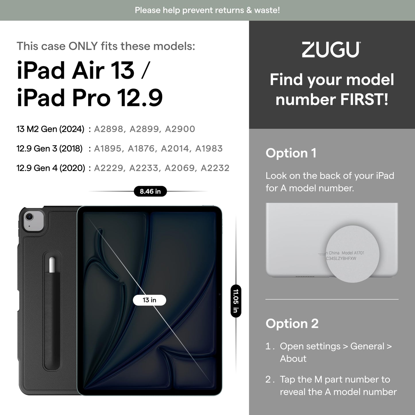 Zugu Case for iPad Air 13 Inch M3 2025 & M2 2024 &/12.9 inch (3rd/4th Gen), Slim Protective Cover with Apple Pencil Charging & Storage, Auto Wake/Sleep, Multiple Viewing Angles (Black)