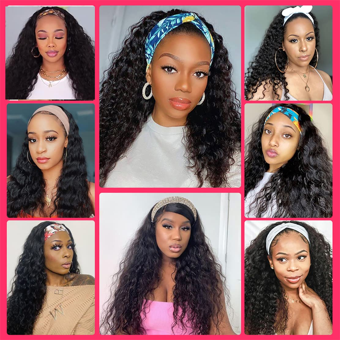 Aiterina 26 Inch Headband Wig Human Hair Deep Wave Headband Wigs for Black Women Virgin Human Hair Headband Wig Glueless Curly Headband Wig Human Hair Headband Wig Natural Color