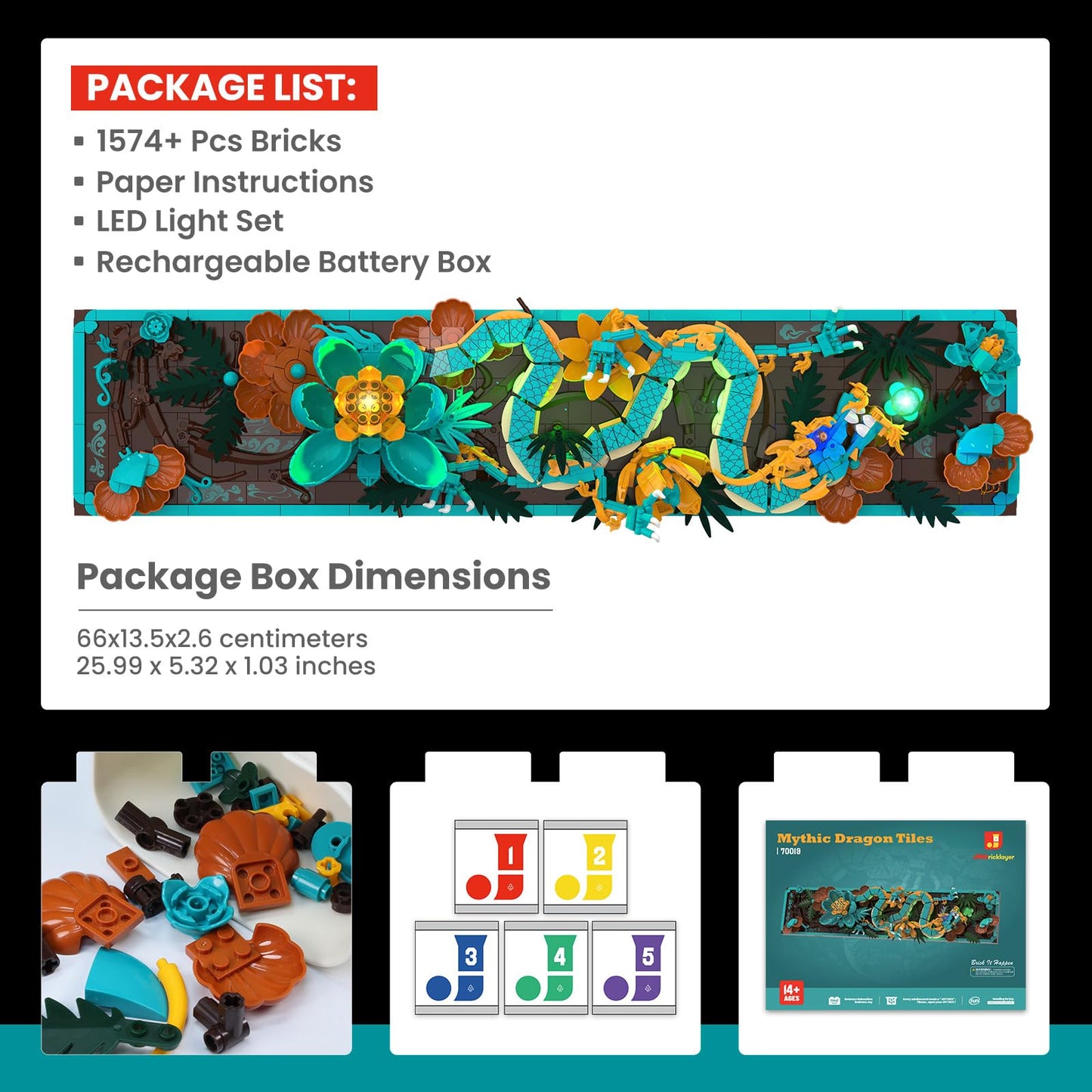 JMBricklayer Mythic Dragon Tiles Building Block Sets with LED Lights for Adult 70019, Wall Art Crafts Frame Building Set, Dragon Toy with Flowers Model Building Block Kit for Adult Home Office Decor