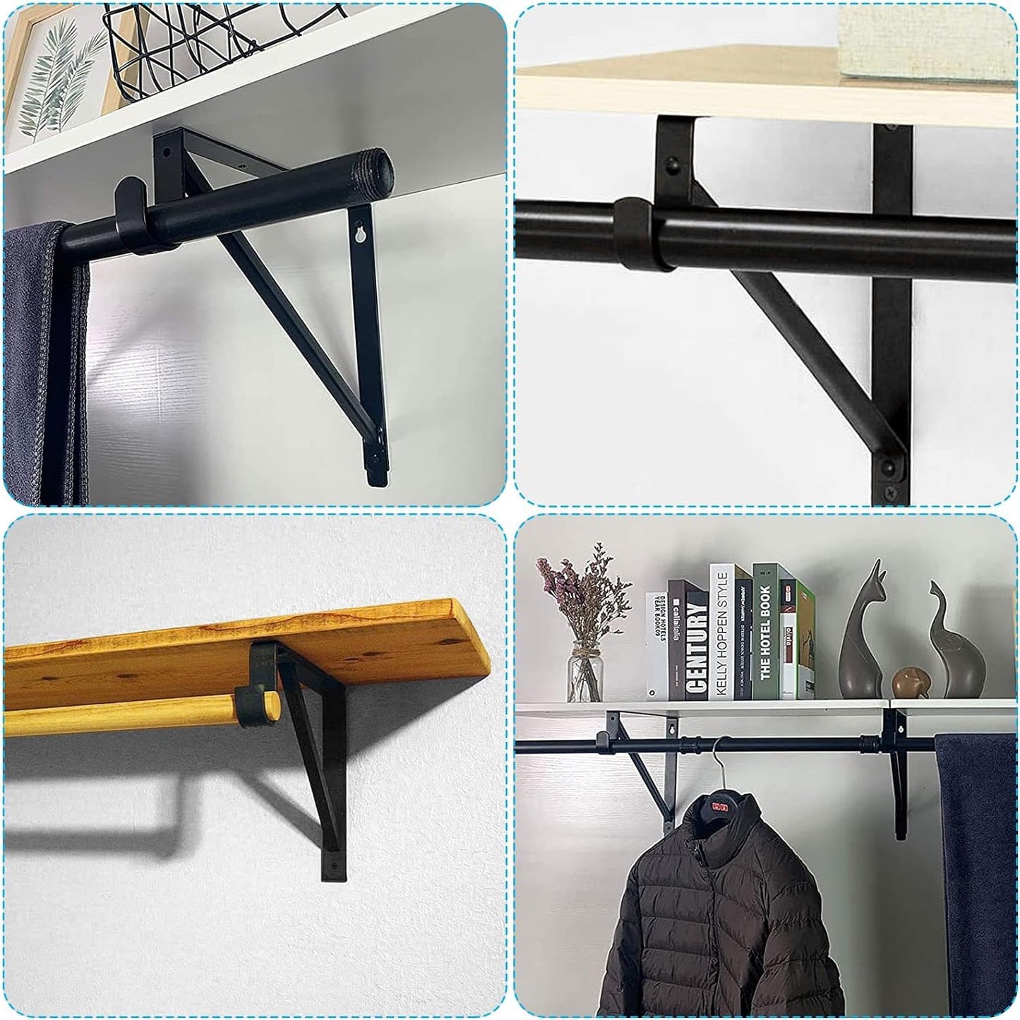 6 PCS Heavy Duty Closet Rod Bracket, 11 x 11 Inch Closet Shelf Brackets,Supports 300 lbs,Wall Mount Closet Rod Supports Bracket Hook with Screws, Closet Rod Holders for Home and Closet Decor(Black)