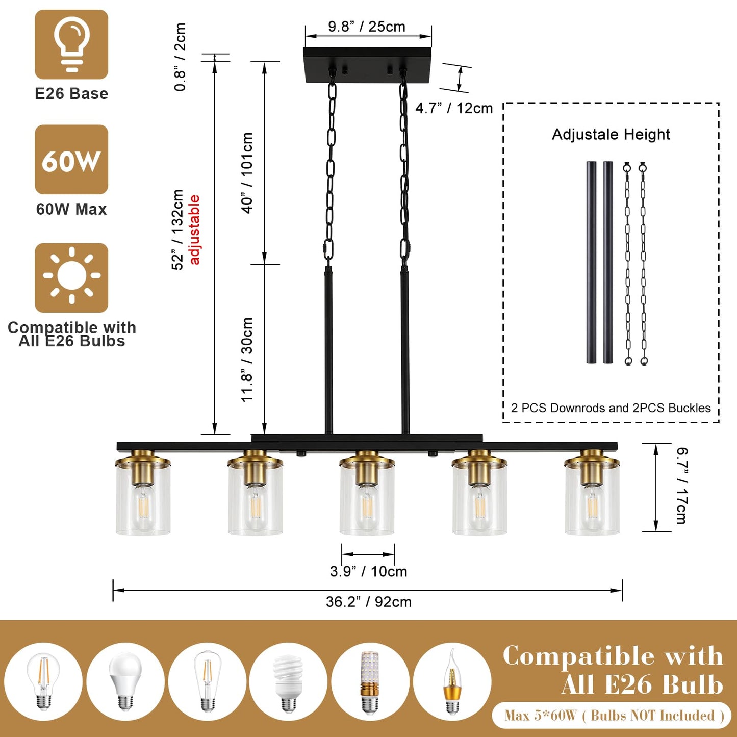 XvmBvm 36.2inch 5-Light Kitchen Island Lighting,Dining Room Lights Modern Farmhouse Chandelier with Clear Glass Shade,Modern Rustic Black and Gold Metal Chandelier, Kitchen Pendant Light Fixtures