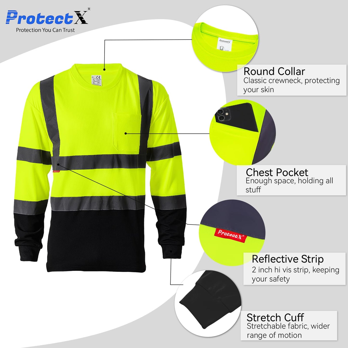 ProtectX 3-Pack Men's High Visibility Heavy Duty Breathable Long Sleeve Reflective Safety T-Shirts for Work Warehouse Construction, Class 2 Type R, Green - X Large