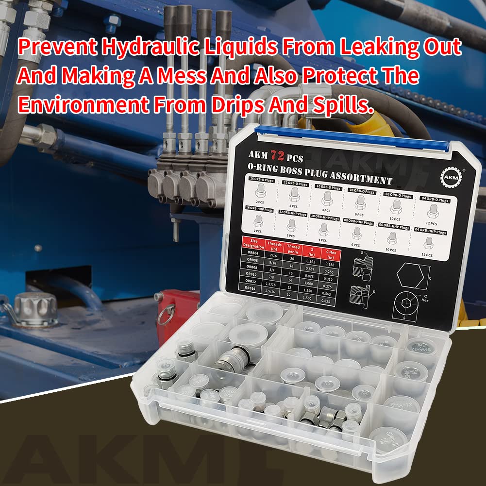 AKM 72 Pcs ORB Plug Kit Hose Tube and Pipe O-RING BOSS Fitting Set Hydraulic Plug Kit Galvanized 45# Steel with Precision Threading Dash Sizes -04-06 -08-10 -12-16